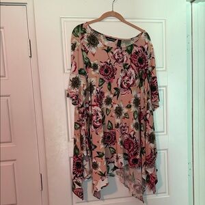 Nina Leonard Pink Floral Draped Kimono with Green Leaves
